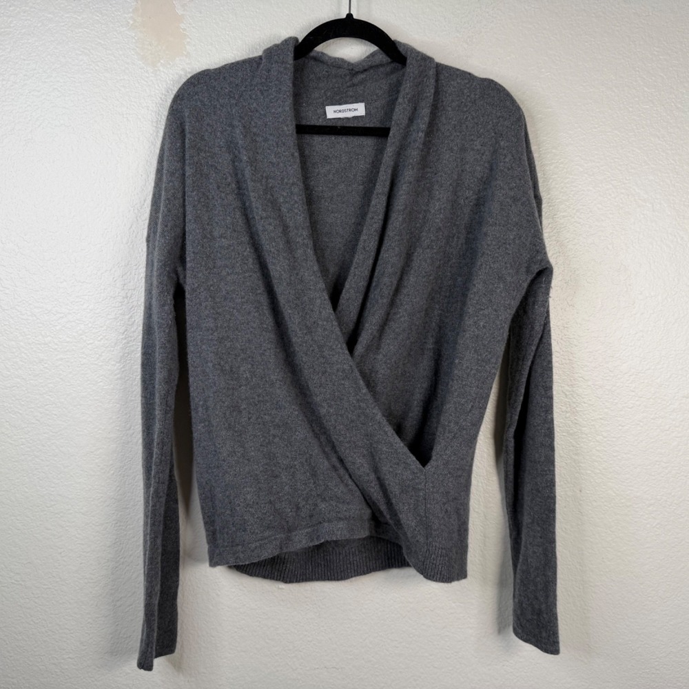 Nordstrom Women's Cashmere Sweater Gray Sz L Ballet Faux Wrap Quiet Luxury
